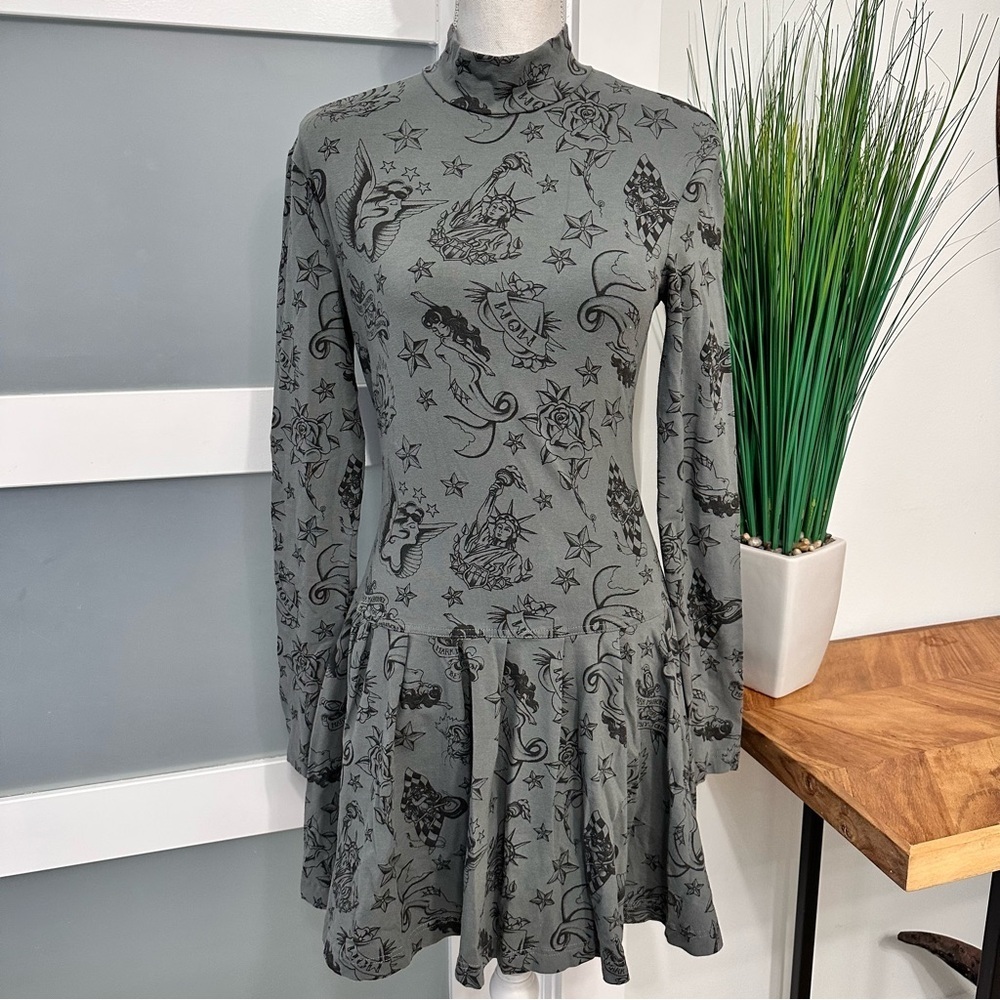Betsey Johnson x Mark Mahoney Gray Black Tattoo Mini Dress Turtle Neck Y2K GUC
